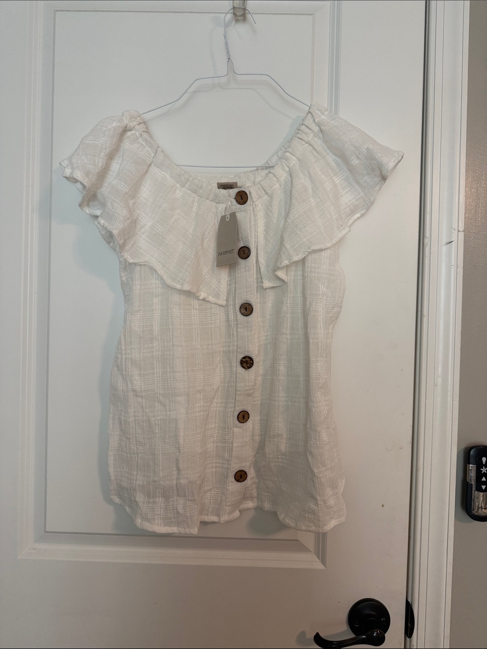 Passport Off-Shoulder Cream Button-Front Blouse